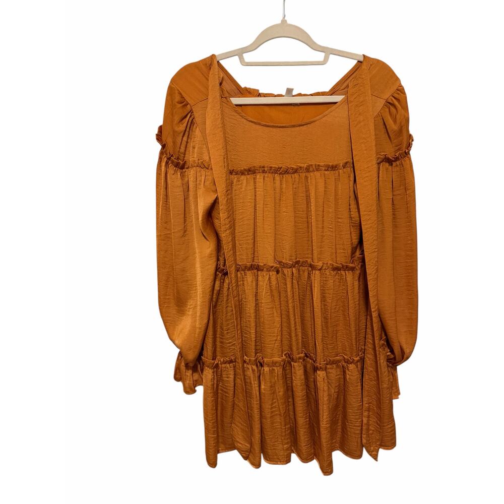 Glam Women’s Small Mustard Orange Long Sleeve Round Neck Ruffled Midi Dress - Picture 4 of 13